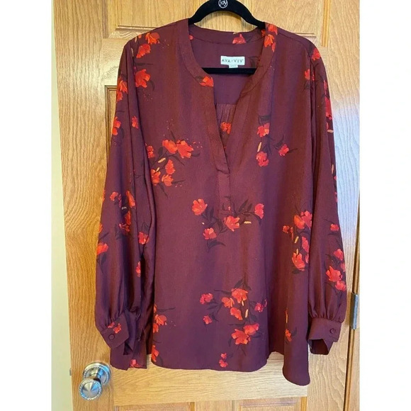 Ava Viv Blouse V-Neck Shirt Red Long Sleeve Polyester 4X - Picture 1 of 6